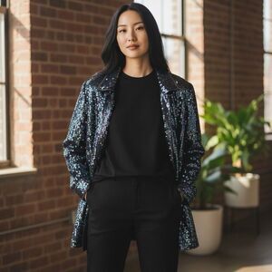 Vintage Main Street Silk Sequin Jacket 8 M Purple Blue Open Front Event Holiday